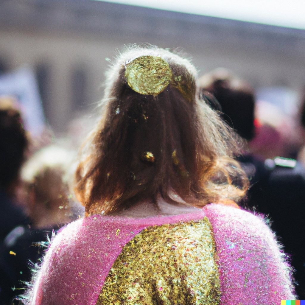 girl wearing a sequined jacket, walking through a crowd