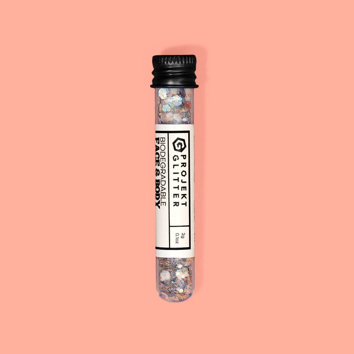 Test tube with glitter labeled 'Projekt Glitter' on a pink background